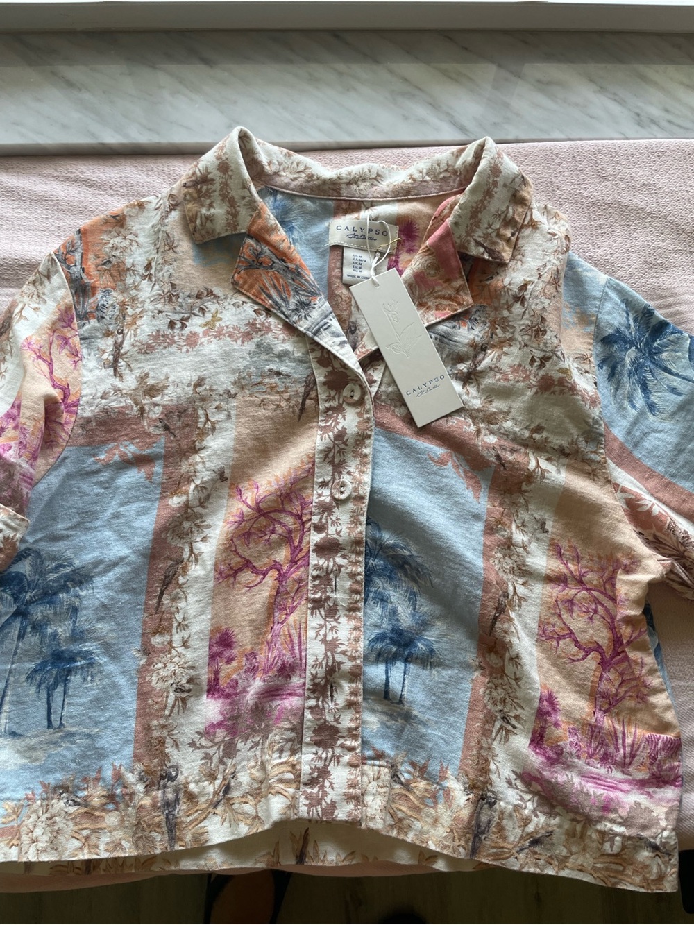 Calypso St. Barth Short Sleeve Cropped Button-Up in Pastel Blue and Peach